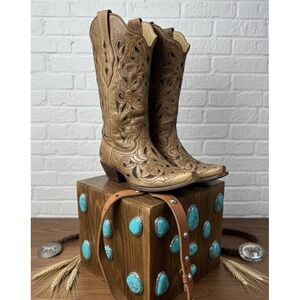 🔥Corral 🖤✨Vintage Tan Leather🤑 Floral & Star‎ Cutout Western Cowboy Boots 7.5